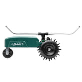 Orbit front view showing tractor-style sprinkler and even water spray benefit