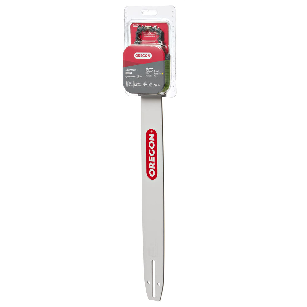 Oregon front packaging showing 18 inch bar and chain combo, clear product ID and fit benefit