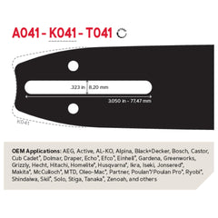 Oregon chain close-up showing micro-chisel cutters and low-vibration profile for smoother cuts