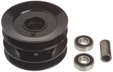 Oregon double pulley front view showing dual grooves and silver finish benefit: accurate belt tracking