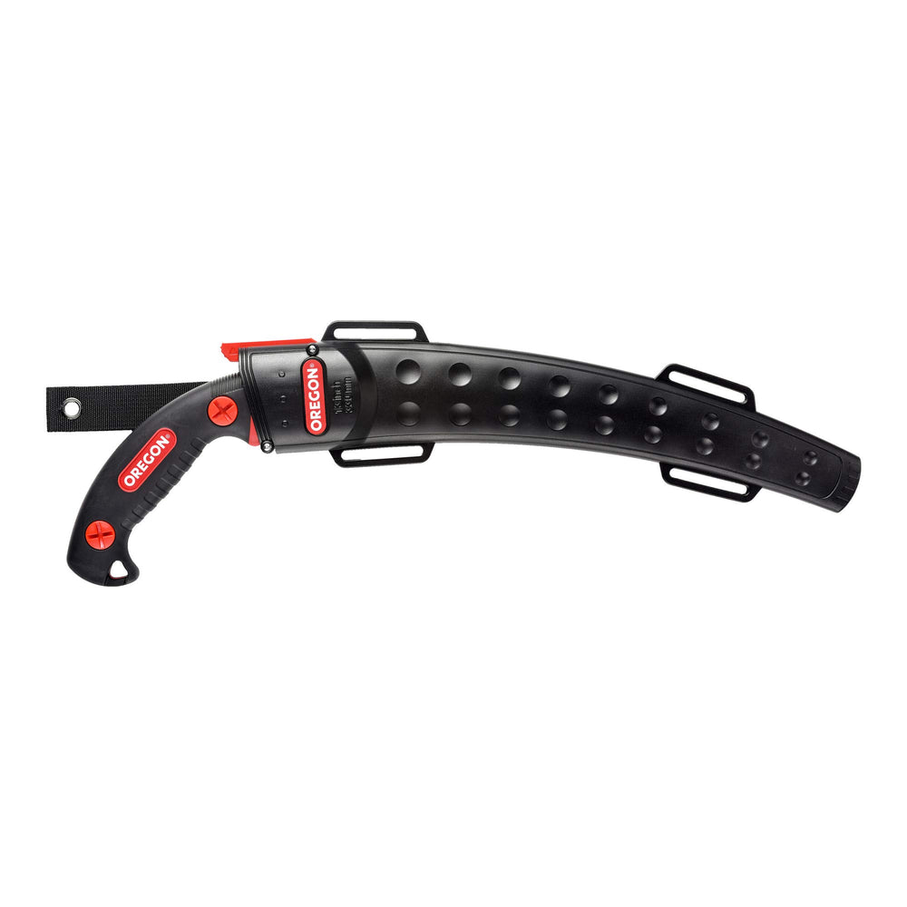 Oregon front view of 13" curved hand saw showing compact design and durable scabbard