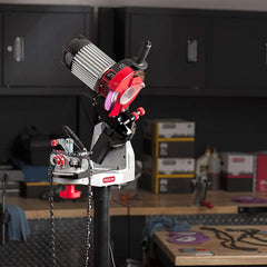 Oregon hydraulic clamp closeup demonstrating hands-free clamping for safer sharpening