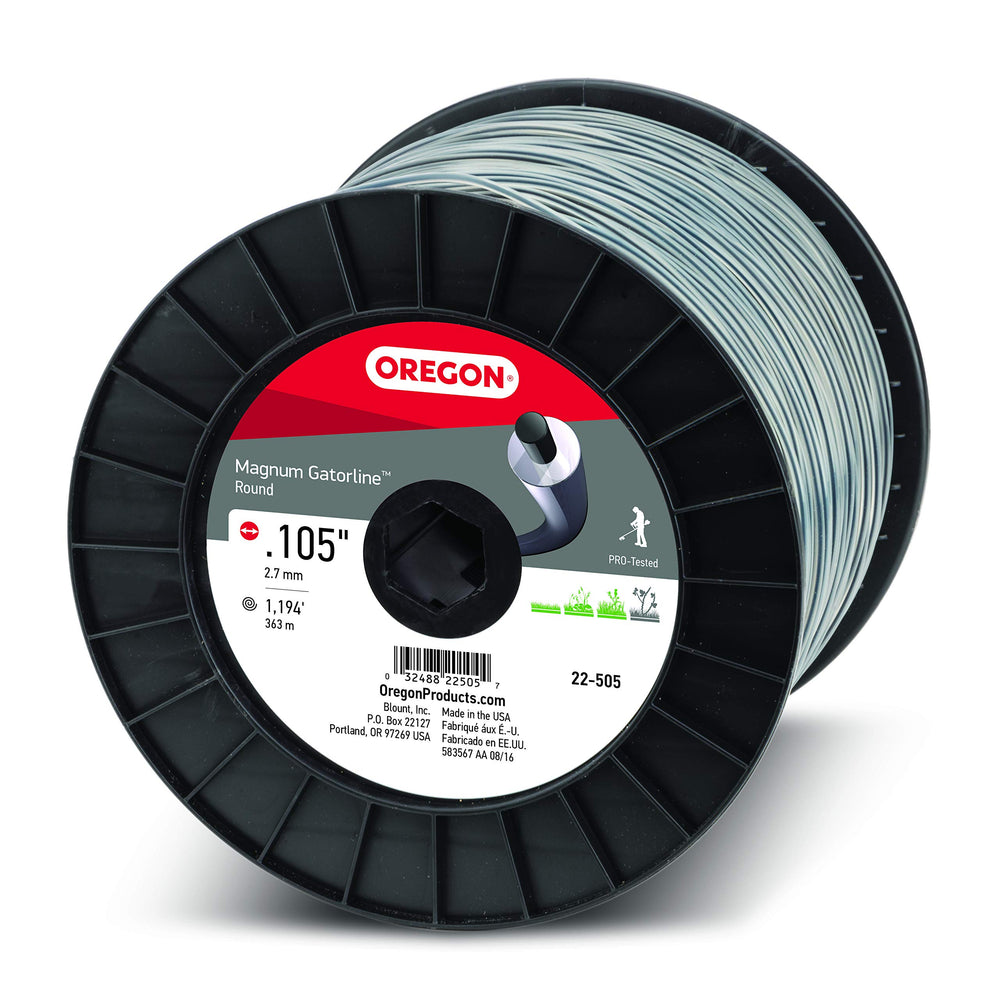 Oregon spool front view showing 1194-foot heavy-duty line and durable packaging