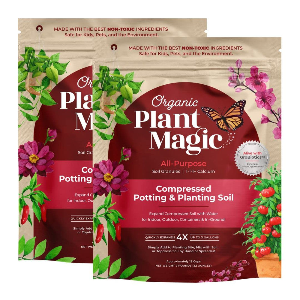 Organic Plant Magic front packaging showing two compact 2 lb bags and benefits