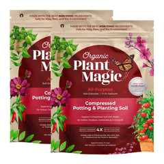Organic Plant Magic front packaging showing two compact 2 lb bags and benefits