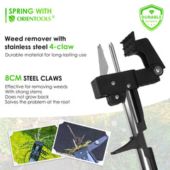 ORIENTOOLS weeder extended in use by gardener, saves back from bending