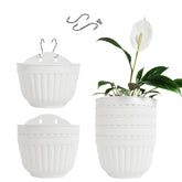 ORIMERC front view of eight white resin planters showing modern look and space saving benefit