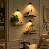 Orvado front view of three rustic brown floating shelves showing neat storage and clean look