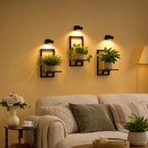 Orvado front view showing three rustic brown floating shelves and plants