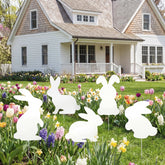 Otoolling front view of five bunny stakes showcasing cohesive garden charm