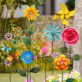 Otoolling front view of eight metal flower stakes showing color and shapes benefit curb appeal