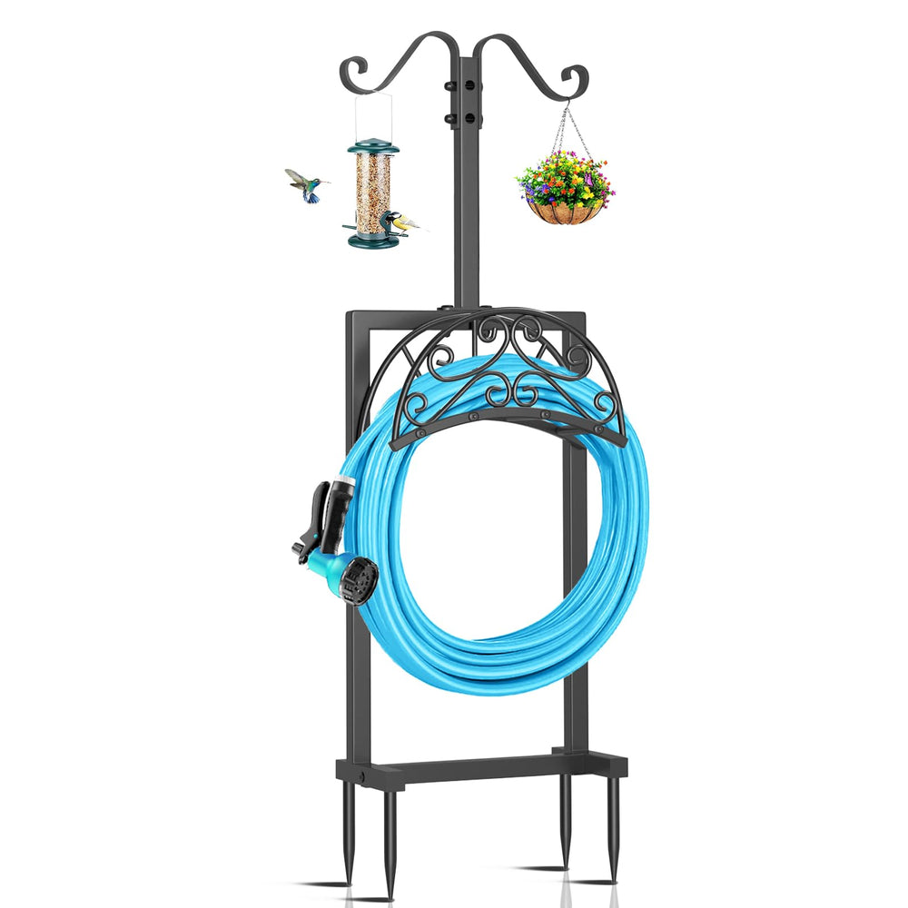 Ouinis front view of freestanding hose holder showing sturdy design and quick access