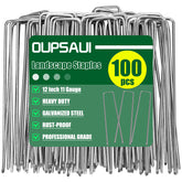 OUPSAUI front view of 100pcs galvanized staples showing pack and stakes benefit durability