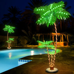 OUSHENG lit palms on patio at night creating festive outdoor ambiance