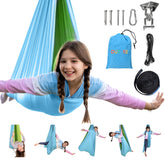 OUTREE front view of the blue-green sensory swing showing cozy entrance and color