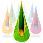OUTREE pod swing front view showing cozy green and yellow seat for kids comfort