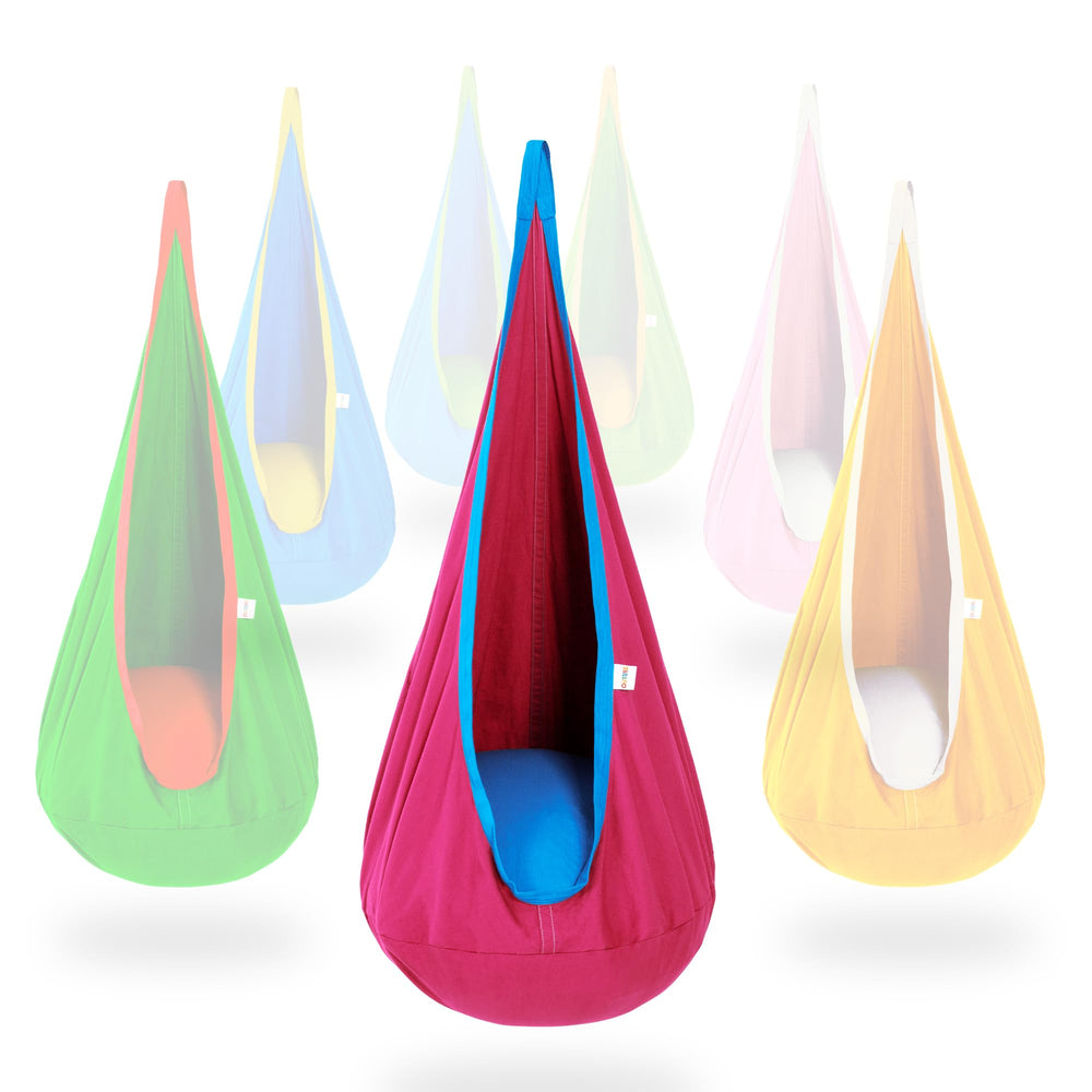 OUTREE pod swing front view showing pink and blue cocoon for a cozy play space