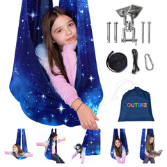 OUTREE swing front view showing blue star pattern and cozy seat benefit comfort