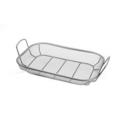 Outset stainless steel grill roasting basket front view shows durable design and easy carrying
