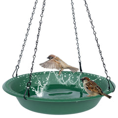 OVZILKI front view of green bird bath showing full bowl and hanging chains, durable appeal