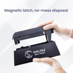 OWLTRA magnetic latch open for hands-free disposal and safe cleaning