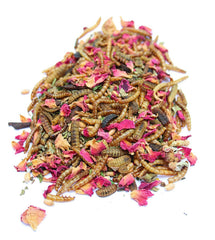 Pampered Chicken Mama close-up of dried mealworms and rose petals for protein
