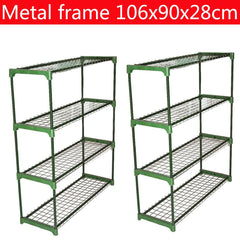Panana racks staged inside a greenhouse organizing seed trays and potted plants