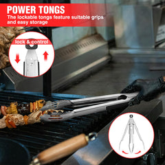 PARGRILL locking tongs detail showing secure lock and safe storage