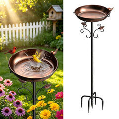 Parovite front view of tall metal bird bath showing sturdy stake and bowl, enhances garden decor