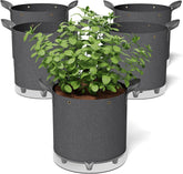 Patigrow front pack shot showing five 10 gallon grow bags and benefits