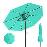 Patio Kingdom umbrella front view showing turquoise canopy and LED benefit
