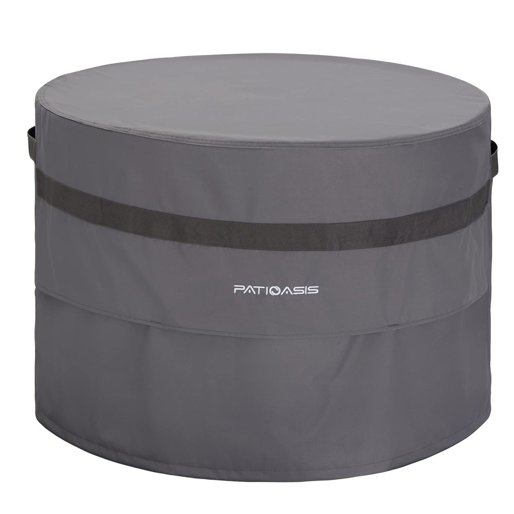 PATIOASIS front view of cover protecting fire pit showing full coverage and fit