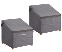 PATIOASIS front view of two grey covers protecting chairs, shows full fit and protection