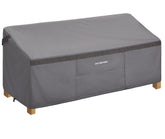 PATIOASIS front view of gray loveseat cover showing full protection and neat fit