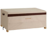 PATIOASIS front view of beige 48-inch table cover protecting a patio coffee table