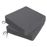 PatioGlow front view of two grey cushions showing clean edges and color retention benefits