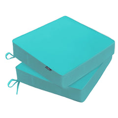 PatioGlow front view of teal cushions showing neat fit and weather-ready look
