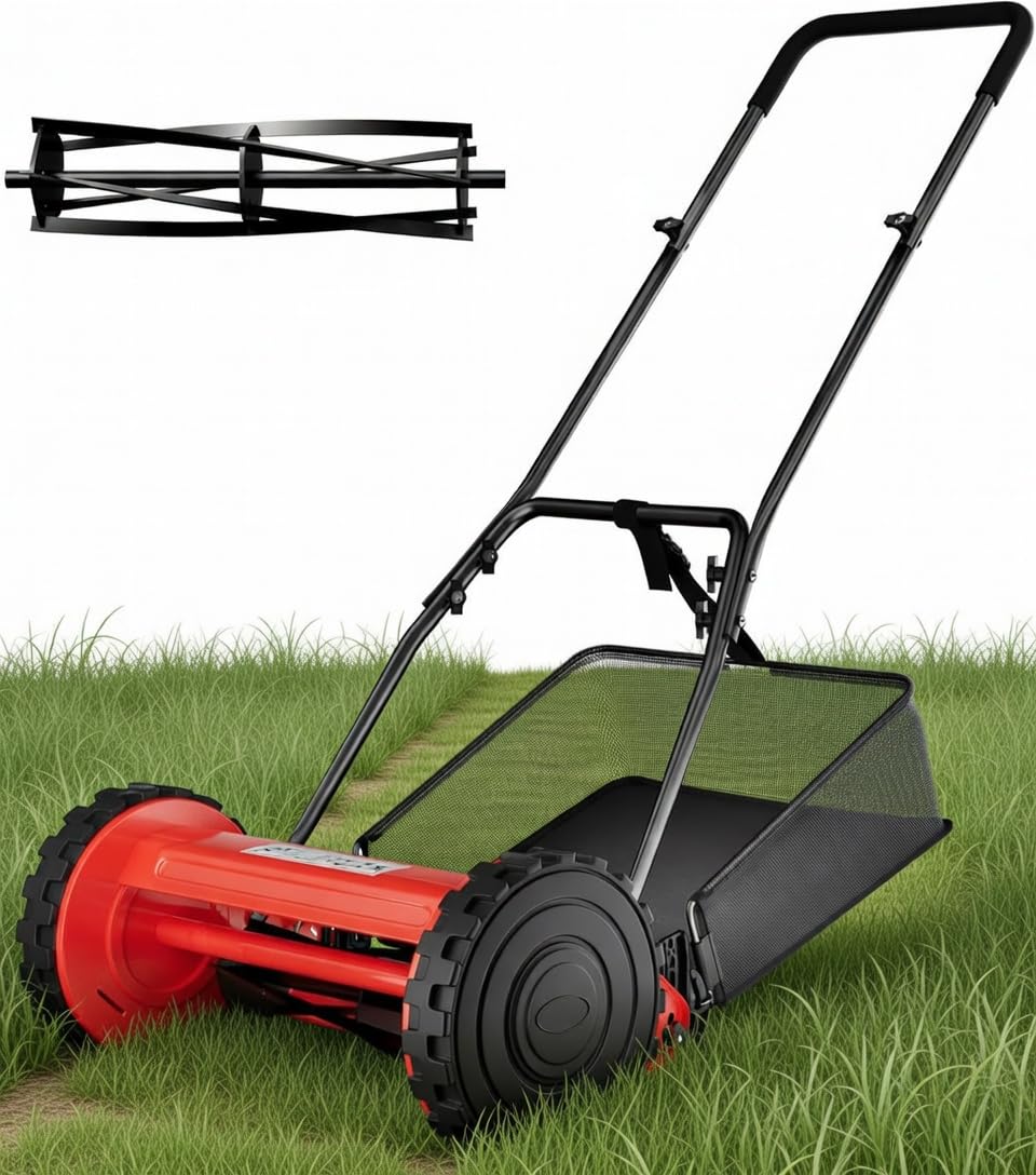 PeakPursuit front view assembled mower showing compact design and easy storage benefit