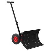PeakPursuit front view of large black wheeled snow shovel showing wide blade and handle for efficient clearing