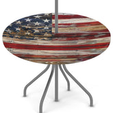 Peaom front view of fitted round tablecloth showing neat coverage and pattern