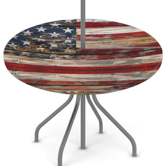 Peaom front view of fitted round tablecloth showing neat coverage and pattern
