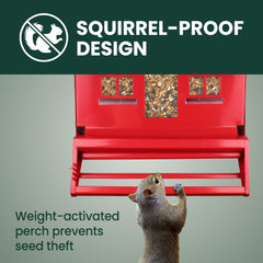 Perky-Pet feeder with locking roof open for quick refills and easy cleaning