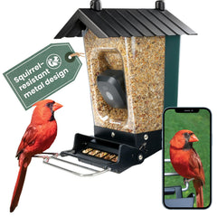 Perky-Pet front view showing feeder and camera, highlights easy monitoring