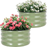 Permade front view of two green galvanized planter boxes showing organized planting benefit