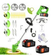 PFYELYI front view of packaged cordless weed wacker showing complete kit and accessories benefit
