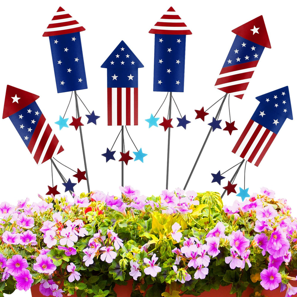 Pickmesh front view of six metal bunny yard stakes showing colorful painted faces and shapes, brightening yard