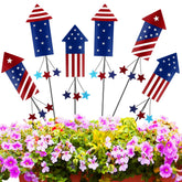 Pickmesh front view of six metal bunny yard stakes showing colorful painted faces and shapes, brightening yard