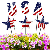 Pickmesh front view of six patriotic star stakes showing full set and colors