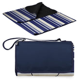 PICNIC TIME front view of folded blue stripe blanket tote showing portability