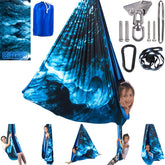PikDos sensory swing front view showing ice teal cocoon and cozy benefit